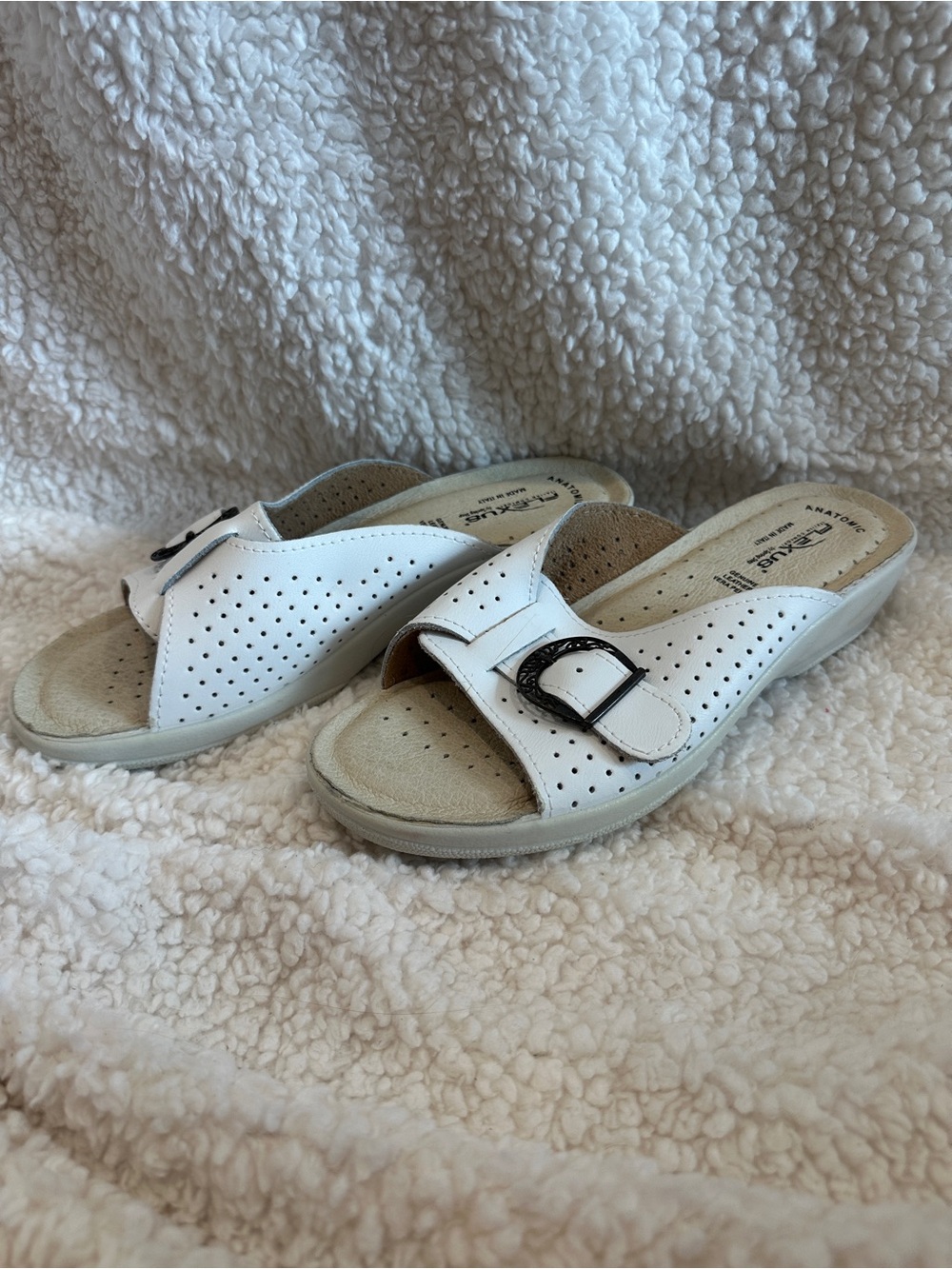 Perforated White Mule Slides with Decorative Buckle